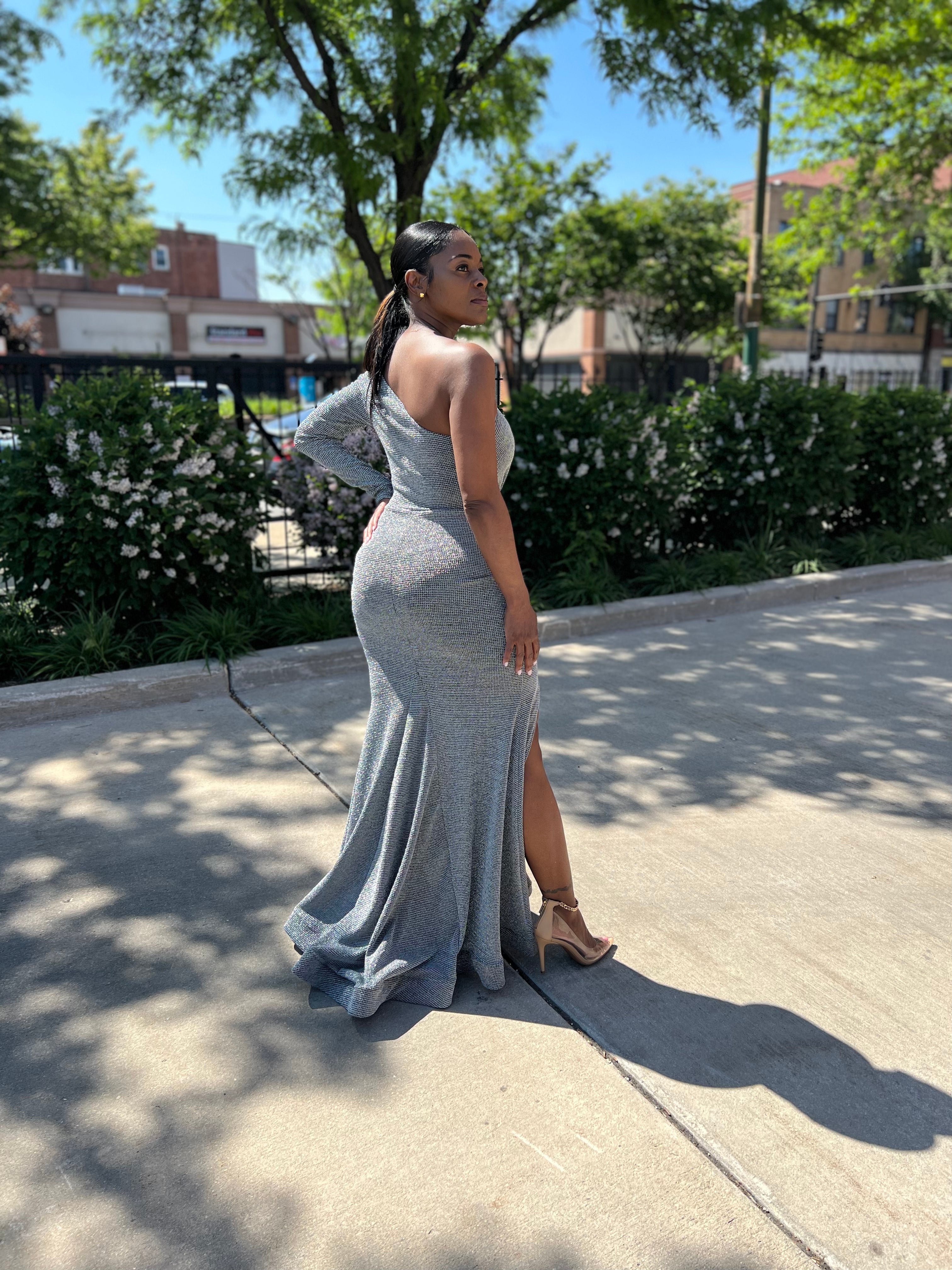 DRAPED IN SHIMMERS DRESS (TITANIUM)