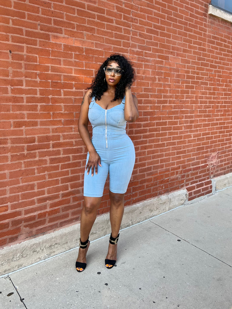 Zip-Front Denim Romper