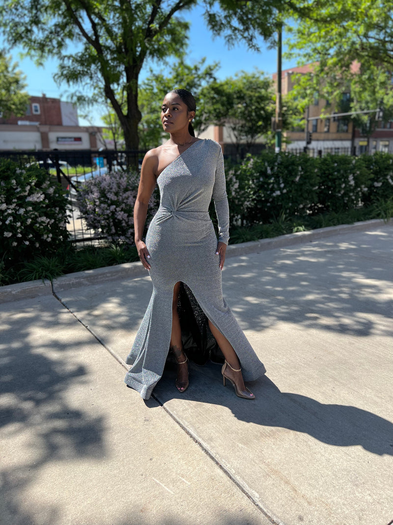 DRAPED IN SHIMMERS DRESS (TITANIUM)
