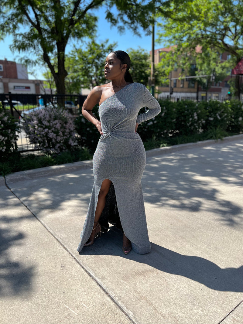 DRAPED IN SHIMMERS DRESS (TITANIUM)