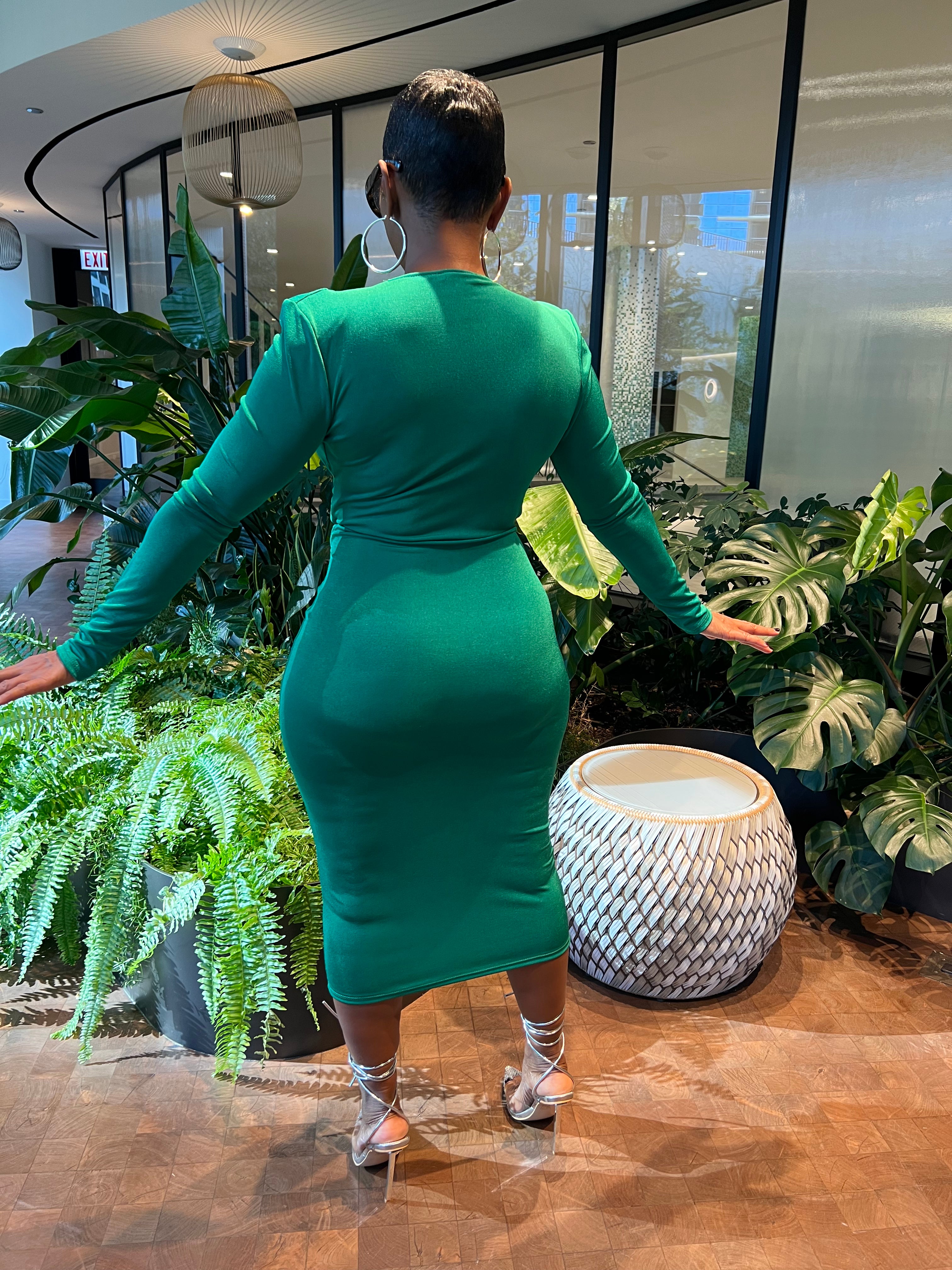 SULTRY PLUNGE MIDI DRESS (GREEN) SHIPS